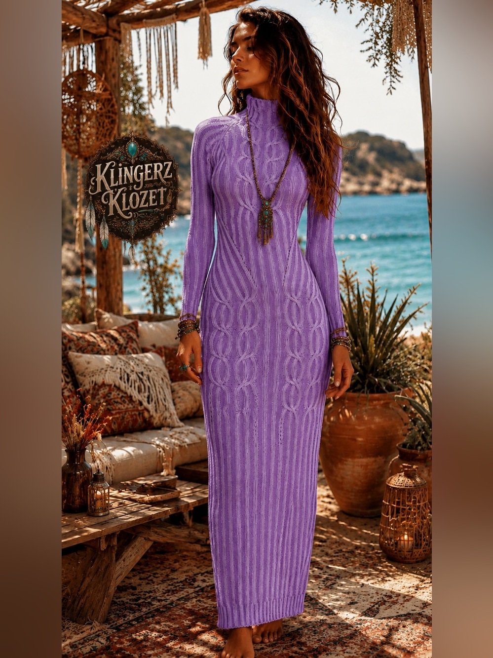 Fashion Nova Lavender Cable-Knit Long Sleeve Maxi Dress